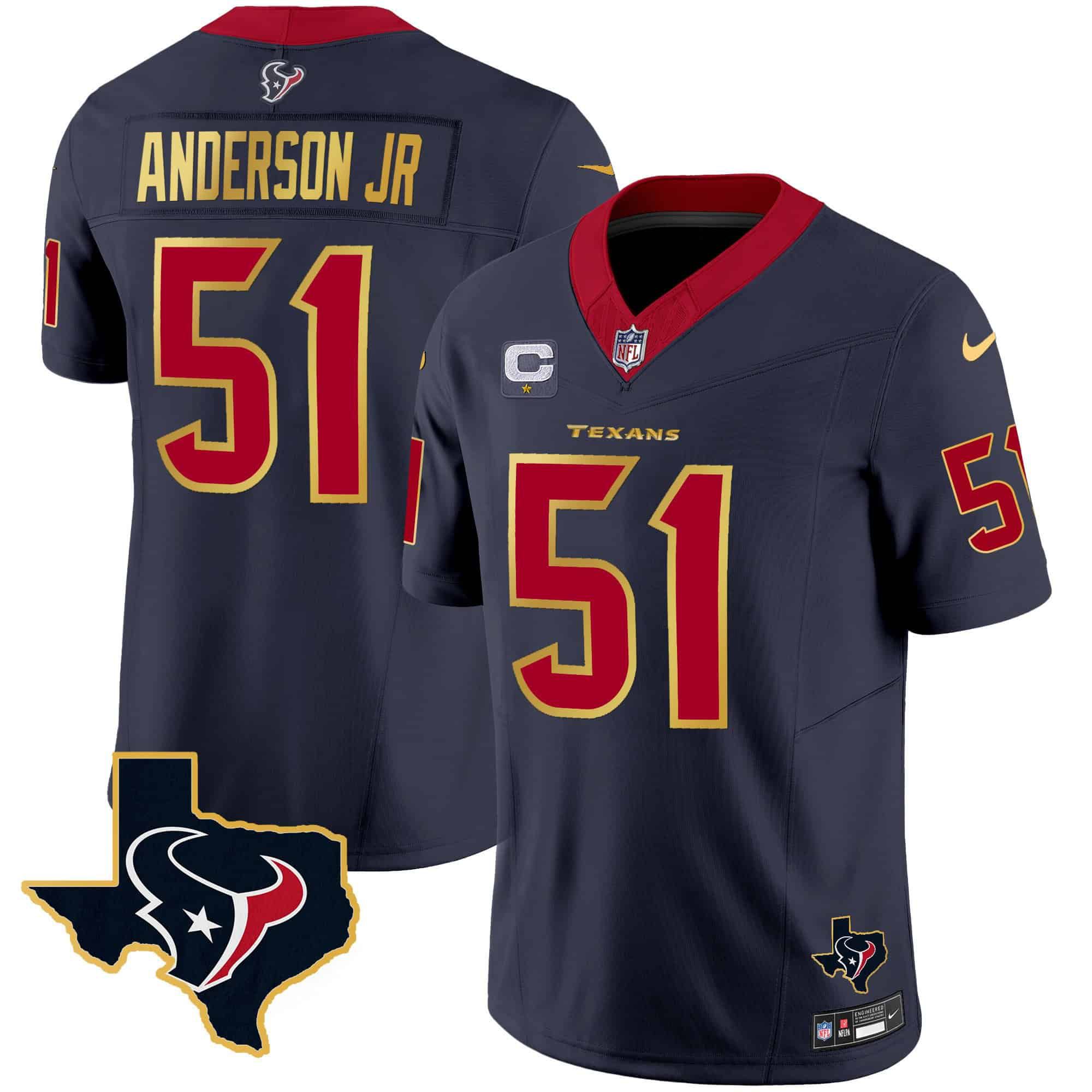 Men Houston Texans #51 Anderson jr Dark blue Gold 2024 Nike Trim Vapor NFL Jersey style 1